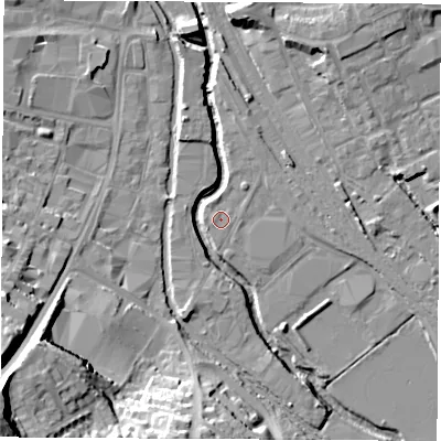 Shaded relief map of the ground around OX165TD, computed from Environment Agency LiDAR. The ground here sits at about 90 m above sea level and falls 33 m across the surrounding 800 m. Surface water reaching this point runs off ground lying to the north-east, 1.0 m higher.