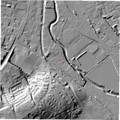 Shaded relief map of the ground around OX165TE, computed from Environment Agency LiDAR. The ground here sits at about 90 m above sea level and falls 40 m across the surrounding 800 m. Surface water reaching this point runs off ground lying to the north-west, 1.2 m higher.