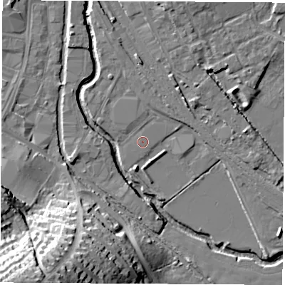 Shaded relief map of the ground around OX165TU, computed from Environment Agency LiDAR. The ground here sits at about 90 m above sea level and falls 36 m across the surrounding 800 m. The ground contributing surface water to this point lies to the north.