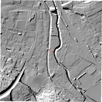 Shaded relief map of the ground around OX165TY, computed from Environment Agency LiDAR. The ground here sits at about 91 m above sea level and falls 36 m across the surrounding 800 m. Surface water reaching this point runs off ground lying to the south-west, 33.3 m higher.
