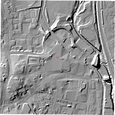 Shaded relief map of the ground around OX165UN, computed from Environment Agency LiDAR. The ground here sits at about 94 m above sea level and falls 17 m across the surrounding 800 m. Surface water reaching this point runs off ground lying to the west-south-west, 6.3 m higher.