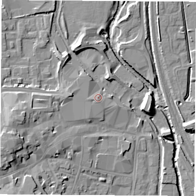 Shaded relief map of the ground around OX165UW, computed from Environment Agency LiDAR. The ground here sits at about 94 m above sea level and falls 16 m across the surrounding 800 m. Surface water reaching this point runs off ground lying to the west, 1.8 m higher.
