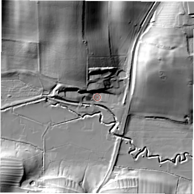 Shaded relief map of the ground around OX169UX, computed from Environment Agency LiDAR. The ground here sits at about 99 m above sea level and falls 34 m across the surrounding 800 m. Surface water reaching this point runs off ground lying to the north-north-west, 19.7 m higher.