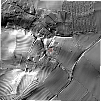 Shaded relief map of the ground around OX171AB, computed from Environment Agency LiDAR. The ground here sits at about 123 m above sea level and falls 47 m across the surrounding 800 m. Surface water reaching this point runs off ground lying to the east, 14.9 m higher.