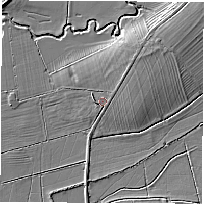 Shaded relief map of the ground around OX171AR, computed from Environment Agency LiDAR. The ground here sits at about 97 m above sea level and falls 6 m across the surrounding 800 m. Surface water reaching this point runs off ground lying to the west, 1.3 m higher.