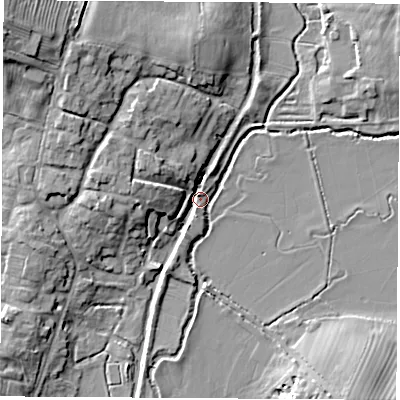 Shaded relief map of the ground around OX171PE, computed from Environment Agency LiDAR. The ground here sits at about 100 m above sea level and falls 17 m across the surrounding 800 m. Surface water reaching this point runs off ground lying to the north-west, 12.8 m higher.