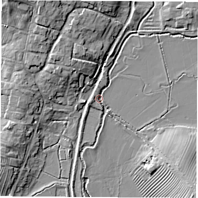 Shaded relief map of the ground around OX171PQ, computed from Environment Agency LiDAR. The ground here sits at about 99 m above sea level and falls 15 m across the surrounding 800 m. Surface water reaching this point runs off ground lying to the north, 2.8 m higher.