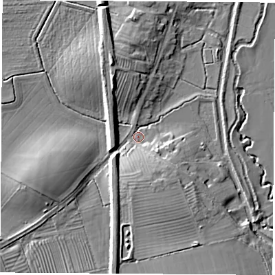 Shaded relief map of the ground around OX171PU, computed from Environment Agency LiDAR. The ground here sits at about 100 m above sea level and falls 14 m across the surrounding 800 m. Surface water reaching this point runs off ground lying to the south-west, 10.8 m higher.