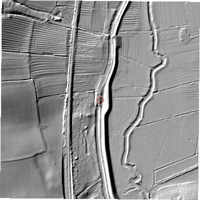 Shaded relief map of the ground around OX171RE, computed from Environment Agency LiDAR. The ground here sits at about 96 m above sea level and falls 22 m across the surrounding 800 m. Surface water reaching this point runs off ground lying to the north-west, 5.2 m higher.
