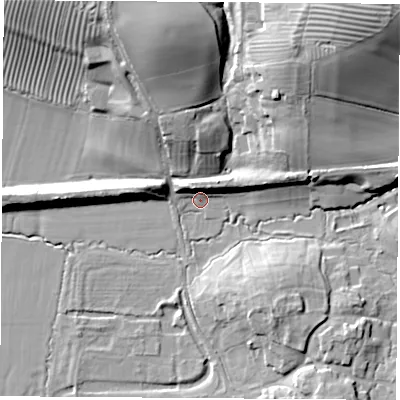 Shaded relief map of the ground around OX172JU, computed from Environment Agency LiDAR. The ground here sits at about 105 m above sea level and falls 31 m across the surrounding 800 m. Surface water reaching this point runs off ground lying to the north-east, 7.8 m higher.