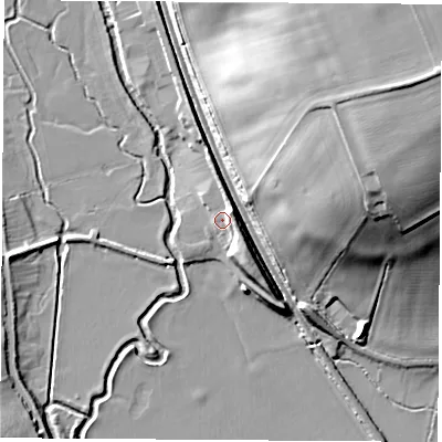 Shaded relief map of the ground around OX173AA, computed from Environment Agency LiDAR. The ground here sits at about 87 m above sea level and falls 31 m across the surrounding 800 m. Surface water reaching this point runs off ground lying to the north-east, 4.1 m higher.
