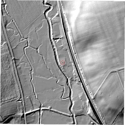 Shaded relief map of the ground around OX173AS, computed from Environment Agency LiDAR. The ground here sits at about 87 m above sea level and falls 29 m across the surrounding 800 m. Surface water reaching this point runs off ground lying to the north-north-east, 5.6 m higher.