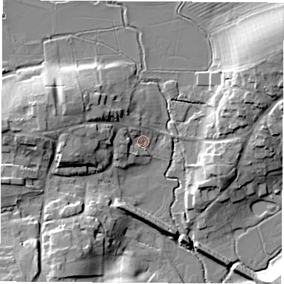 Shaded relief map of the ground around OX173EF, computed from Environment Agency LiDAR. The ground here sits at about 90 m above sea level and falls 19 m across the surrounding 800 m. Surface water reaching this point runs off ground lying to the west-north-west, 12.1 m higher.