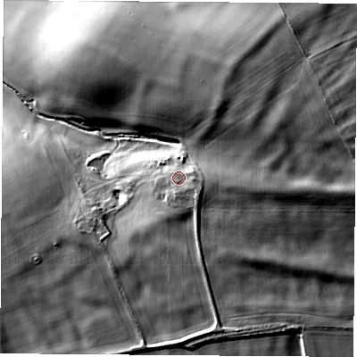 Shaded relief map of the ground around OX173JR, computed from Environment Agency LiDAR. The ground here sits at about 111 m above sea level and falls 27 m across the surrounding 800 m. Surface water reaching this point runs off ground lying to the south-east, 3.6 m higher.