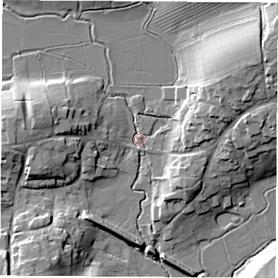 Shaded relief map of the ground around OX173LL, computed from Environment Agency LiDAR. The ground here sits at about 89 m above sea level and falls 20 m across the surrounding 800 m. Surface water reaching this point runs off ground lying to the east-north-east, 13.8 m higher.