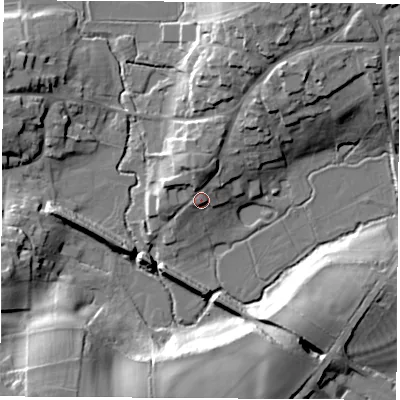 Shaded relief map of the ground around OX173LW, computed from Environment Agency LiDAR. The ground here sits at about 93 m above sea level and falls 21 m across the surrounding 800 m. Surface water reaching this point runs off ground lying to the north, 5.5 m higher.
