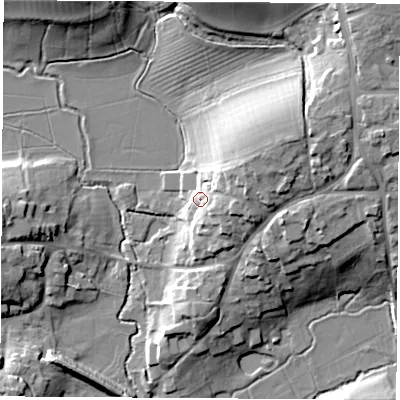 Shaded relief map of the ground around OX173LZ, computed from Environment Agency LiDAR. The ground here sits at about 95 m above sea level and falls 22 m across the surrounding 800 m. Surface water reaching this point runs off ground lying to the east, 10.8 m higher.