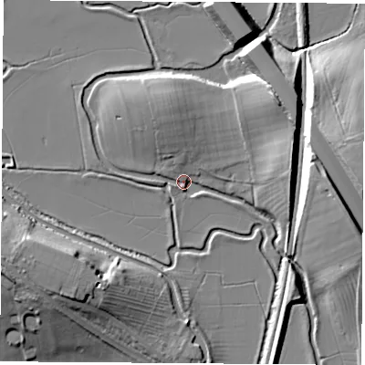 Shaded relief map of the ground around OX173QP, computed from Environment Agency LiDAR. The ground here sits at about 82 m above sea level and falls 17 m across the surrounding 800 m. Surface water reaching this point runs off ground lying to the north, 7.1 m higher.