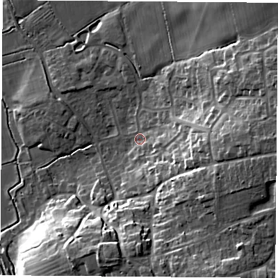 Shaded relief map of the ground around OX173QS, computed from Environment Agency LiDAR. The ground here sits at about 87 m above sea level and falls 23 m across the surrounding 800 m. Surface water reaching this point runs off ground lying to the east, 6.8 m higher.