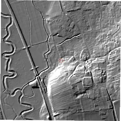Shaded relief map of the ground around OX173RR, computed from Environment Agency LiDAR. The ground here sits at about 85 m above sea level and falls 20 m across the surrounding 800 m. Surface water reaching this point runs off ground lying to the south-east, 18.3 m higher.