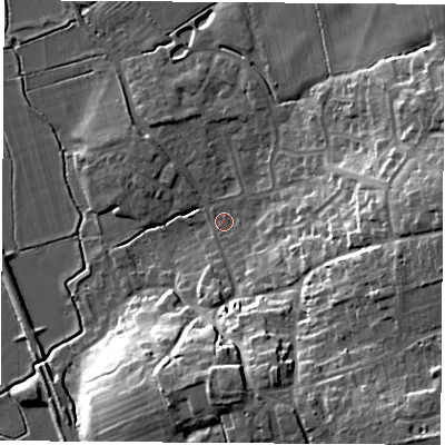 Shaded relief map of the ground around OX173RU, computed from Environment Agency LiDAR. The ground here sits at about 86 m above sea level and falls 22 m across the surrounding 800 m. Surface water reaching this point runs off ground lying to the east, 18.5 m higher.