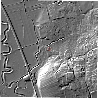 Shaded relief map of the ground around OX173SE, computed from Environment Agency LiDAR. The ground here sits at about 85 m above sea level and falls 20 m across the surrounding 800 m. Surface water reaching this point runs off ground lying to the south-east, 17.8 m higher.