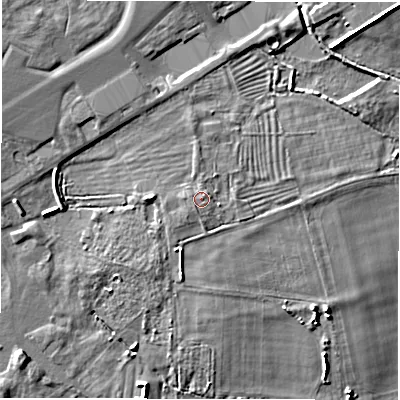 Shaded relief map of the ground around OX182AT, computed from Environment Agency LiDAR. The ground here sits at about 76 m above sea level and falls 7 m across the surrounding 800 m. Surface water reaching this point runs off ground lying to the east-north-east, 0.6 m higher.