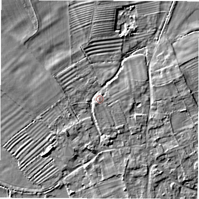 Shaded relief map of the ground around OX182DQ, computed from Environment Agency LiDAR. The ground here sits at about 71 m above sea level and falls 7 m across the surrounding 800 m. Surface water reaching this point runs off ground lying to the south, 1.4 m higher.