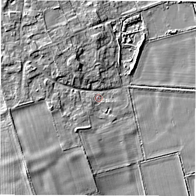 Shaded relief map of the ground around OX182DT, computed from Environment Agency LiDAR. The ground here sits at about 66 m above sea level and falls 6 m across the surrounding 800 m. Surface water reaching this point runs off ground lying to the west-north-west, 4.9 m higher.