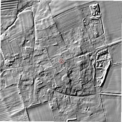 Shaded relief map of the ground around OX182DU, computed from Environment Agency LiDAR. The ground here sits at about 70 m above sea level and falls 7 m across the surrounding 800 m. Surface water reaching this point runs off ground lying to the west-south-west, 0.9 m higher.