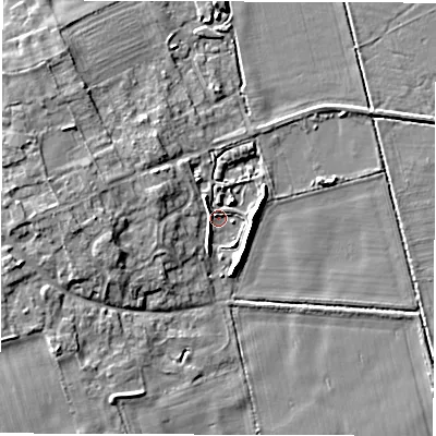 Shaded relief map of the ground around OX182FR, computed from Environment Agency LiDAR. The ground here sits at about 66 m above sea level and falls 6 m across the surrounding 800 m. Surface water reaching this point runs off ground lying to the west-north-west, 3.1 m higher.
