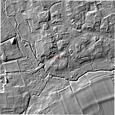 Shaded relief map of the ground around OX182HA, computed from Environment Agency LiDAR. The ground here sits at about 70 m above sea level and falls 10 m across the surrounding 800 m. Surface water reaching this point runs off ground lying to the north-north-west, 4.0 m higher.
