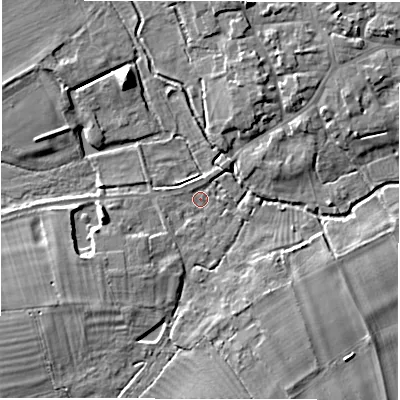 Shaded relief map of the ground around OX182HE, computed from Environment Agency LiDAR. The ground here sits at about 68 m above sea level and falls 9 m across the surrounding 800 m. Surface water reaching this point runs off ground lying to the west, 5.8 m higher.