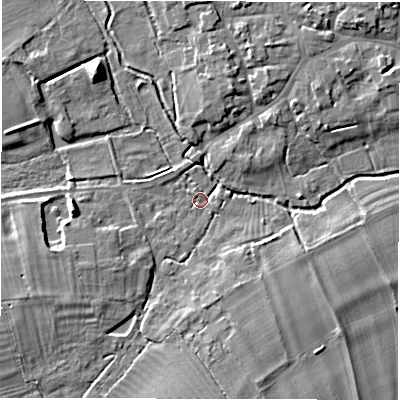 Shaded relief map of the ground around OX182HF, computed from Environment Agency LiDAR. The ground here sits at about 68 m above sea level and falls 9 m across the surrounding 800 m. Surface water reaching this point runs off ground lying to the west, 6.4 m higher.