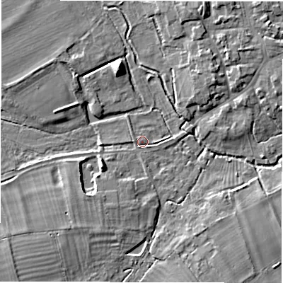Shaded relief map of the ground around OX182HG, computed from Environment Agency LiDAR. The ground here sits at about 69 m above sea level and falls 9 m across the surrounding 800 m. Surface water reaching this point runs off ground lying to the south-west, 6.1 m higher.