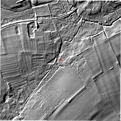 Shaded relief map of the ground around OX182HL, computed from Environment Agency LiDAR. The ground here sits at about 70 m above sea level and falls 8 m across the surrounding 800 m. Surface water reaching this point runs off ground lying to the south-south-west, 6.2 m higher.