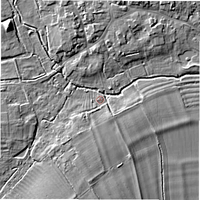 Shaded relief map of the ground around OX182JA, computed from Environment Agency LiDAR. The ground here sits at about 68 m above sea level and falls 10 m across the surrounding 800 m. Surface water reaching this point runs off ground lying to the south, 5.0 m higher.
