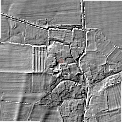 Shaded relief map of the ground around OX182PA, computed from Environment Agency LiDAR. The ground here sits at about 72 m above sea level and falls 6 m across the surrounding 800 m. Surface water reaching this point runs off ground lying to the west-south-west, 2.4 m higher.