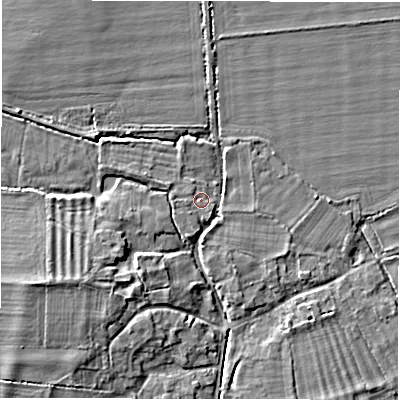 Shaded relief map of the ground around OX182PB, computed from Environment Agency LiDAR. The ground here sits at about 71 m above sea level and falls 6 m across the surrounding 800 m. Surface water reaching this point runs off ground lying to the west-south-west, 0.9 m higher.