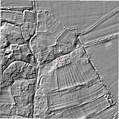 Shaded relief map of the ground around OX182RG, computed from Environment Agency LiDAR. The ground here sits at about 71 m above sea level and falls 5 m across the surrounding 800 m. Surface water reaching this point runs off ground lying to the north, 2.3 m higher.