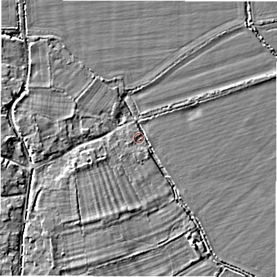 Shaded relief map of the ground around OX182RQ, computed from Environment Agency LiDAR. The ground here sits at about 70 m above sea level and falls 4 m across the surrounding 800 m. Surface water reaching this point runs off ground lying to the north-east, 1.4 m higher.