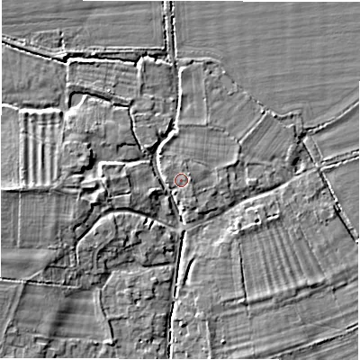 Shaded relief map of the ground around OX182RU, computed from Environment Agency LiDAR. The ground here sits at about 71 m above sea level and falls 6 m across the surrounding 800 m. Surface water reaching this point runs off ground lying to the north, 0.7 m higher.