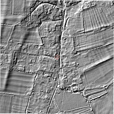 Shaded relief map of the ground around OX182SH, computed from Environment Agency LiDAR. The ground here sits at about 70 m above sea level and falls 5 m across the surrounding 800 m. Surface water reaching this point runs off ground lying to the west-north-west, 5.2 m higher.