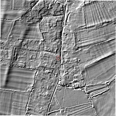 Shaded relief map of the ground around OX182SJ, computed from Environment Agency LiDAR. The ground here sits at about 70 m above sea level and falls 5 m across the surrounding 800 m. Surface water reaching this point runs off ground lying to the west-north-west, 5.2 m higher.