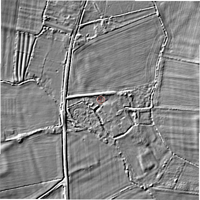 Shaded relief map of the ground around OX182SU, computed from Environment Agency LiDAR. The ground here sits at about 69 m above sea level and falls 3 m across the surrounding 800 m. Surface water reaching this point runs off ground lying to the north-north-west, 1.1 m higher.