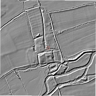 Shaded relief map of the ground around OX182SX, computed from Environment Agency LiDAR. The ground here sits at about 69 m above sea level and falls 4 m across the surrounding 800 m. Surface water reaching this point runs off ground lying to the south, 2.7 m higher.