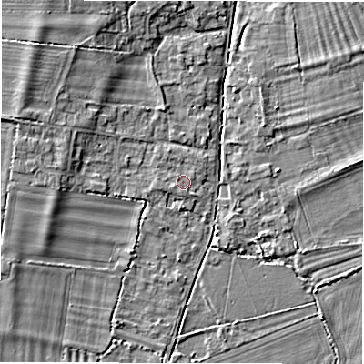 Shaded relief map of the ground around OX182TD, computed from Environment Agency LiDAR. The ground here sits at about 70 m above sea level and falls 6 m across the surrounding 800 m. Surface water reaching this point runs off ground lying to the west-south-west, 0.9 m higher.