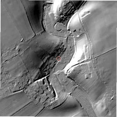Shaded relief map of the ground around OX184AB, computed from Environment Agency LiDAR. The ground here sits at about 93 m above sea level and falls 29 m across the surrounding 800 m. Surface water reaching this point runs off ground lying to the north-west, 16.2 m higher.