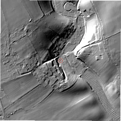 Shaded relief map of the ground around OX184AD, computed from Environment Agency LiDAR. The ground here sits at about 93 m above sea level and falls 29 m across the surrounding 800 m. Surface water reaching this point runs off ground lying to the west, 24.3 m higher.