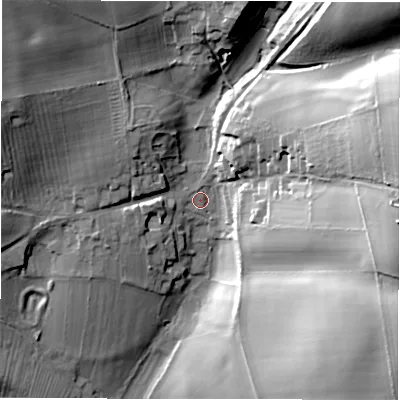Shaded relief map of the ground around OX184DF, computed from Environment Agency LiDAR. The ground here sits at about 109 m above sea level and falls 44 m across the surrounding 800 m. Surface water reaching this point runs off ground lying to the east-north-east, 33.9 m higher.